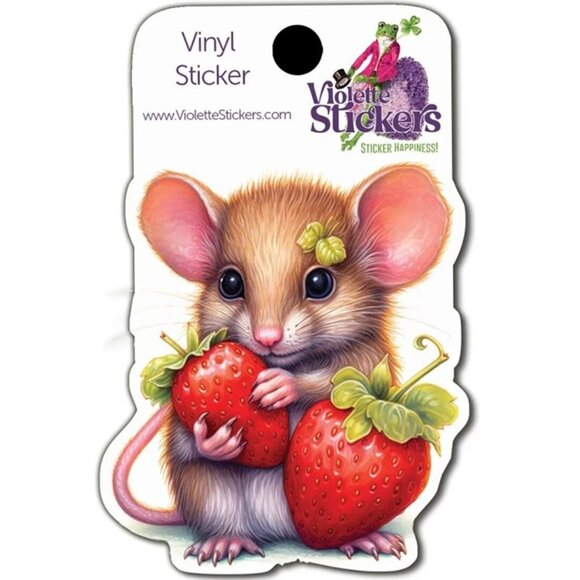 3 for $15 - Mouse & Strawberries Waterproof Vinyl Sticker - Picture 1 of 2